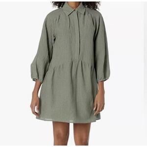 Club Monaco Puff Sleeve Linen Blend Mini Shirt Babydoll Dress Seaspray Sage Med